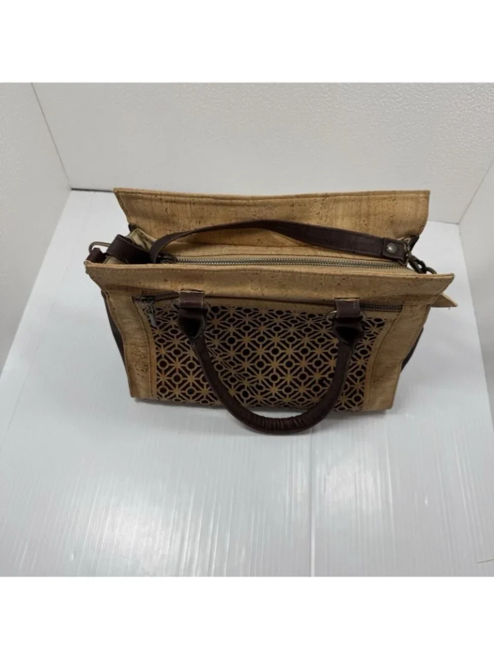 Natural Cork Satchel Bag 1SZ Tan Brown Laser Cut Portugal Vegan Eco Granola Boho